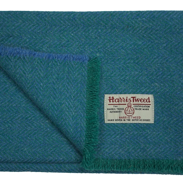 Bufanda de lujo Harris Tweed de pura lana con flecos para hombre y mujer. Espiga azul/jade.