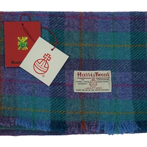 Harris Tweed Pure Wool Luxury Mens & Womens Fringed Scarf .. Lilac/Jade Plaid