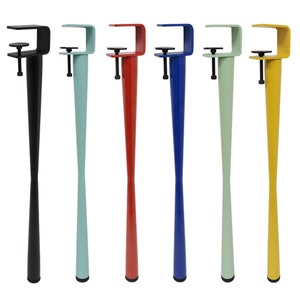 May include: Six metal table legs with a clamp-on design. The legs are available in black, light blue, red, blue, light green, and yellow.