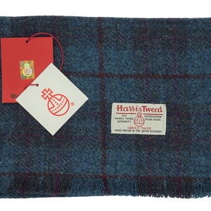 Bufanda de lujo con flecos para hombre y mujer de pura lana Harris Tweed... Cuadros azules