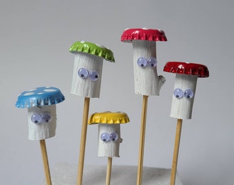Bottlecap mushroom plant pokes (set of 5)