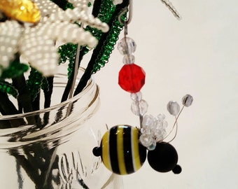 Hanging Glass Beaded Bee, plant poke, floral accent