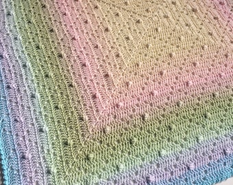 Pastel crochet baby blanket, lightweight bobble afghan, lilac, multi colour
