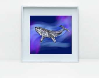 Whale Art / Stampa di illustrazione originale / Sfondo blu