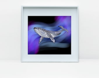 Whale Art / Stampa di illustrazione originale / Sfondo nero