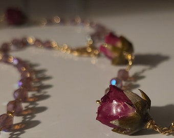Custom Gold Filled Rosary with Real Rosebuds and Swarovski Crystal, Made to Order, first payment