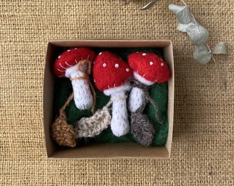Needle felt toadstools - mushrooms in craft gift box, amanita, forest botanical, waldorf