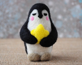 Penguin with a star - Penguin gift - Nursery plush ornament - Fabric love statue - Needle felted animal - Soft sculpture doll