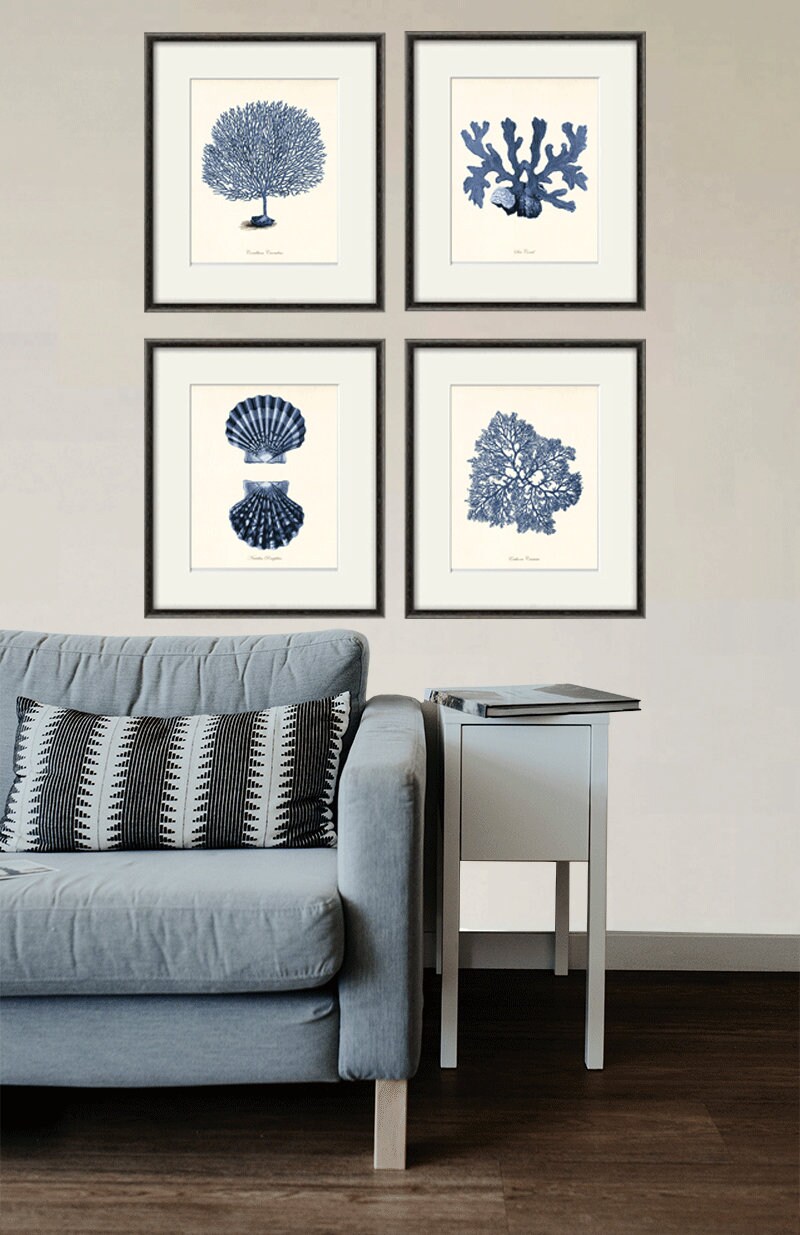 Sea coral art print Nautical art print set of 4 antique wall Etsy