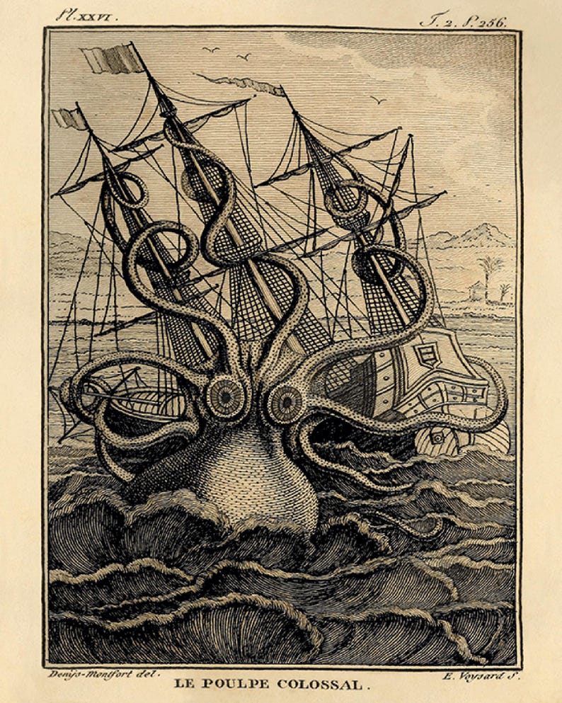 Octopus Rowing Antique Octopus Art Print: Victorian Sea Beach Illustration - Etsy