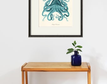 Antique Octopus Art Print: Vintage Blue Nautical Ocean Decor