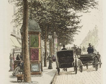 Vintage French Paris Street Scene Art Print: Hand-Colored Lithograph