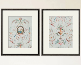 Antique French Chinoiserie Art Prints: Blue Victorian Wallpaper Set