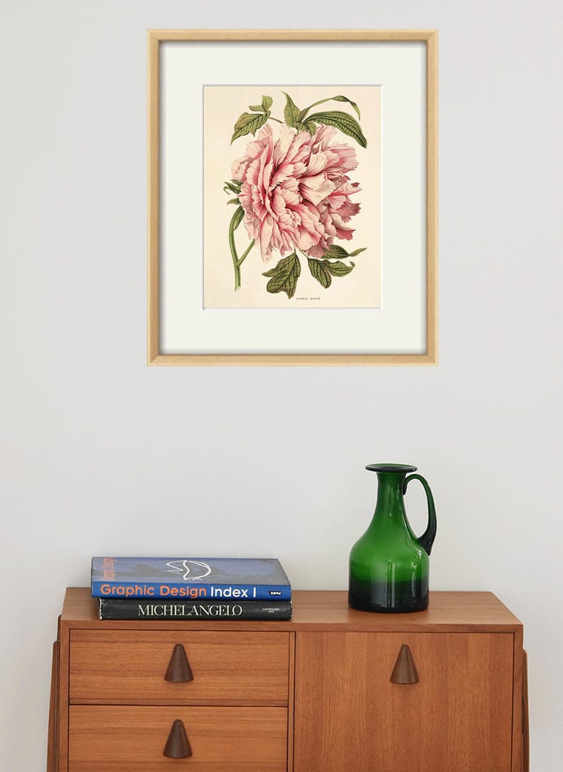 May include: A framed botanical illustration of a pink peony flower with green leaves. The print is displayed on a wall above a wooden dresser with two books and a green glass vase.