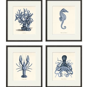 Nautical art print navy blue art Sea coral art print set of 4 antique wall art beach Ocean art print coral Sea art print Victorian art print