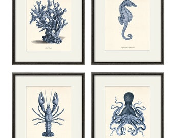 Nautical art print navy blue art Sea coral art print set of 4 antique wall art beach Ocean art print coral Sea art print Victorian art print