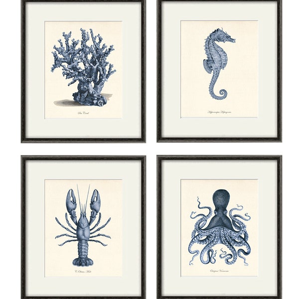 Nautical art print navy blue art Sea coral art print set of 4 antique wall art beach Ocean art print coral Sea art print Victorian art print