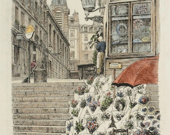 Vintage Paris Street Scene Art Print: Hand-Colored French Lithograph