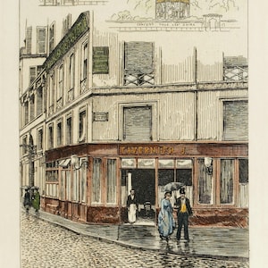 Vintage Paris Street Scene Art Print: Hand-Colored Lithograph