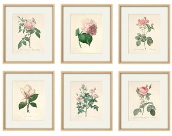 May include: Six framed botanical prints featuring various pink flowers, including roses, hydrangeas, and magnolias. The prints are set against a white background and have a simple, elegant design.