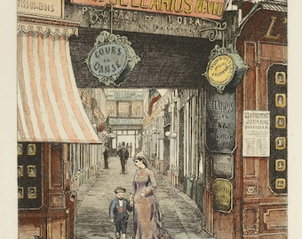 Impression vintage scène de rue de Paris : oeuvre d'art murale française ancienne