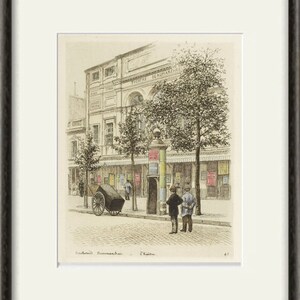 Puede incluir: Una ilustraci&oacute;n en blanco y negro de un edificio de teatro con el texto "Th&eacute;&acirc;tre de Beaumarchais" sobre la entrada. Dos personas est&aacute;n de pie frente al edificio, y un carro est&aacute; estacionado en la calle.