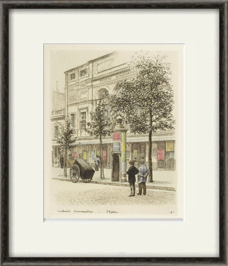 Puede incluir: Una ilustraci&oacute;n en blanco y negro de un edificio de teatro con el texto "Th&eacute;&acirc;tre de Beaumarchais" sobre la entrada. Dos personas est&aacute;n de pie frente al edificio, y un carro est&aacute; estacionado en la calle.