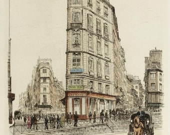 Vintage French Paris Street Scene Print: Hand-Colored Lithograph