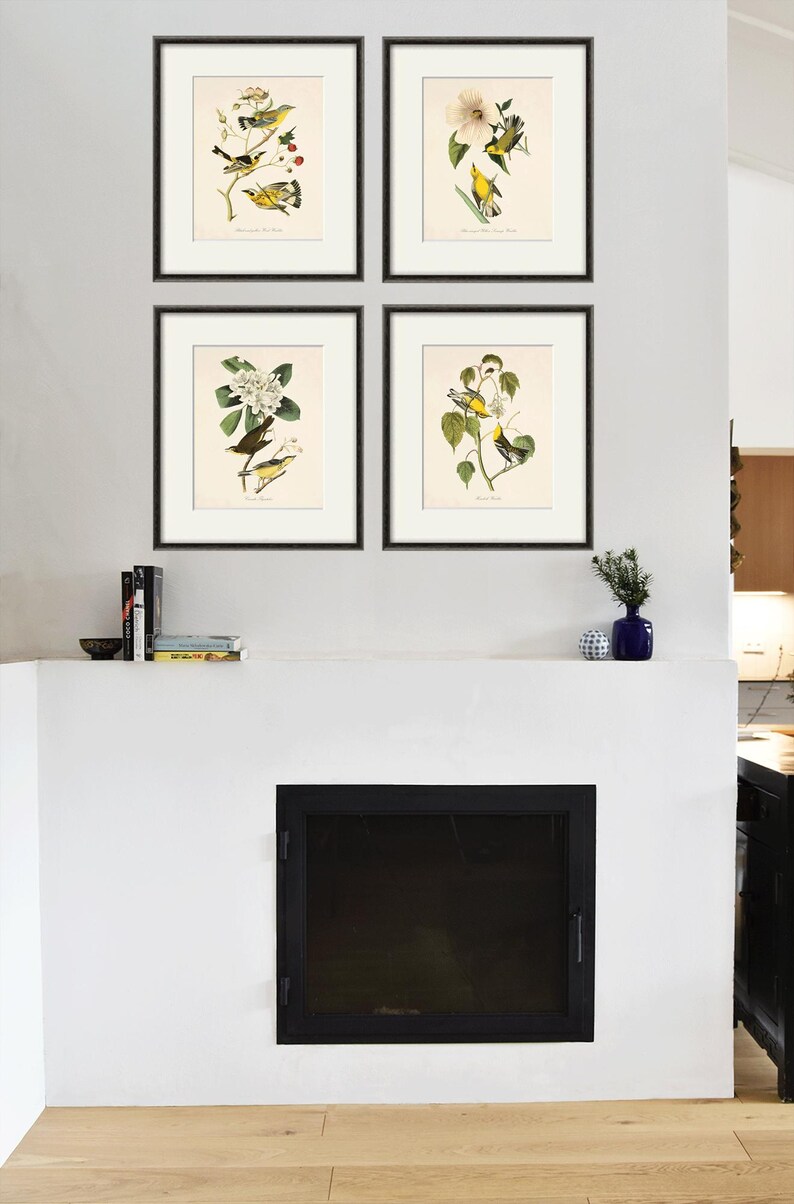 May include: Four framed prints of yellow birds with flowers and foliage. The prints are arranged in a grid pattern on a white wall above a fireplace.