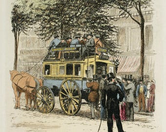 Vintage French Paris Street Scene Art Print: Hand-Colored Lithograph