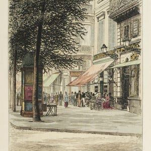 Vintage French Paris Street Scene Art Print: Hand-Colored Lithograph