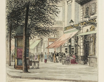 Vintage French Paris Street Scene Art Print: Hand-Colored Lithograph