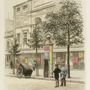 Puede incluir: Una ilustraci&oacute;n en blanco y negro de un edificio de teatro en Par&iacute;s, Francia. El edificio se llama "Th&eacute;&acirc;tre Beaumarchais" y est&aacute; ubicado en el Boulevard Beaumarchais. Hay dos personas de pie frente al edificio.
