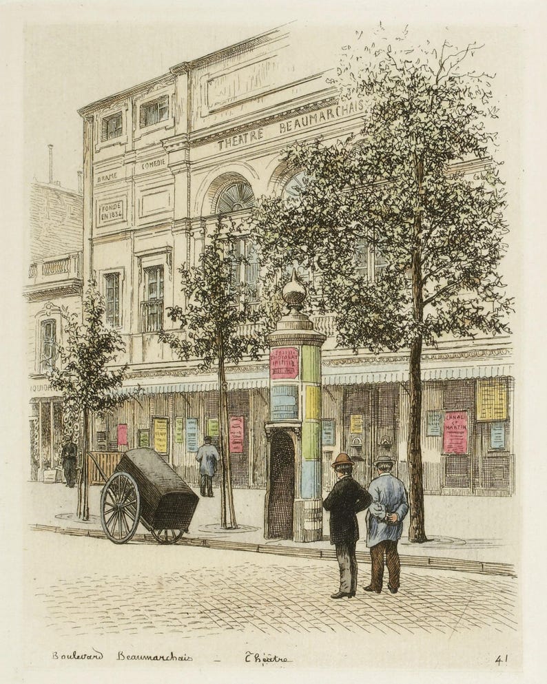 Puede incluir: Una ilustraci&oacute;n en blanco y negro de un edificio de teatro en Par&iacute;s, Francia. El edificio se llama "Th&eacute;&acirc;tre Beaumarchais" y est&aacute; ubicado en el Boulevard Beaumarchais. Hay dos personas de pie frente al edificio.