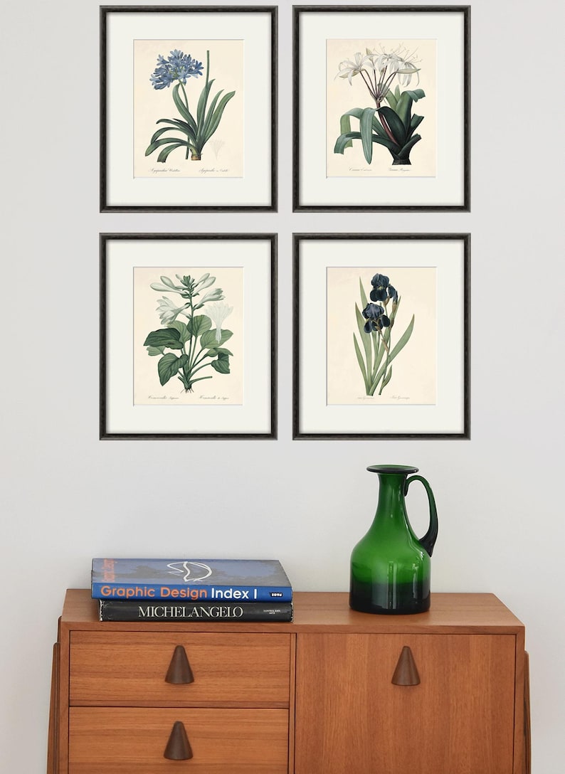 May include: Four framed botanical prints of flowers, including a blue agapanthus, a white crinum, a white lily, and a dark blue iris. The prints are hanging on a white wall above a wooden dresser with a green glass vase and two books.