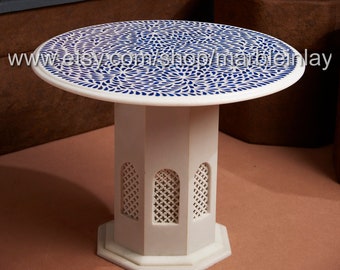 Round Coffee Table, Circular Coffee Table, White Coffee Table, Marble Inlay End Table Living Room Decorative Furniture