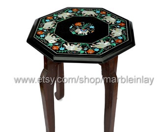 Black Marble Inlay Side Table With Wooden Legs