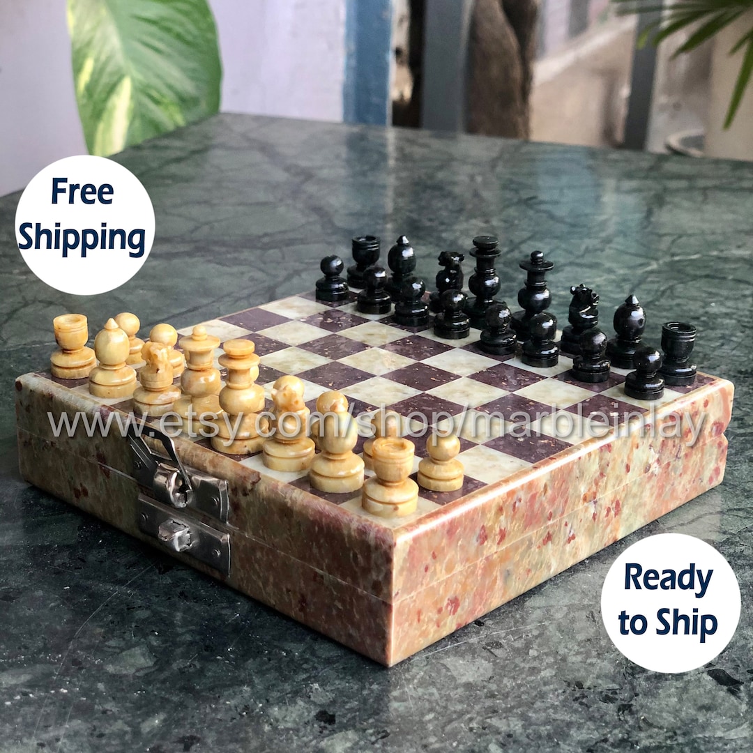 Stone Chess Box With Marble Chess Pieces Collectible Miniature Chess ...