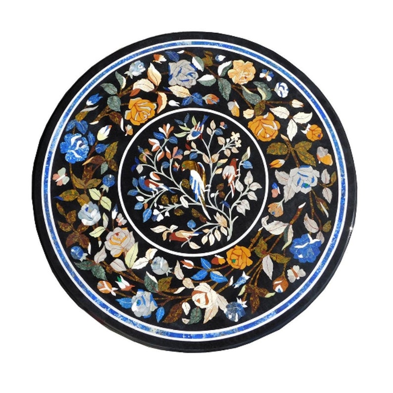 Round Dining & Kitchen Table Top Black Marble Pietra Dura Etsy