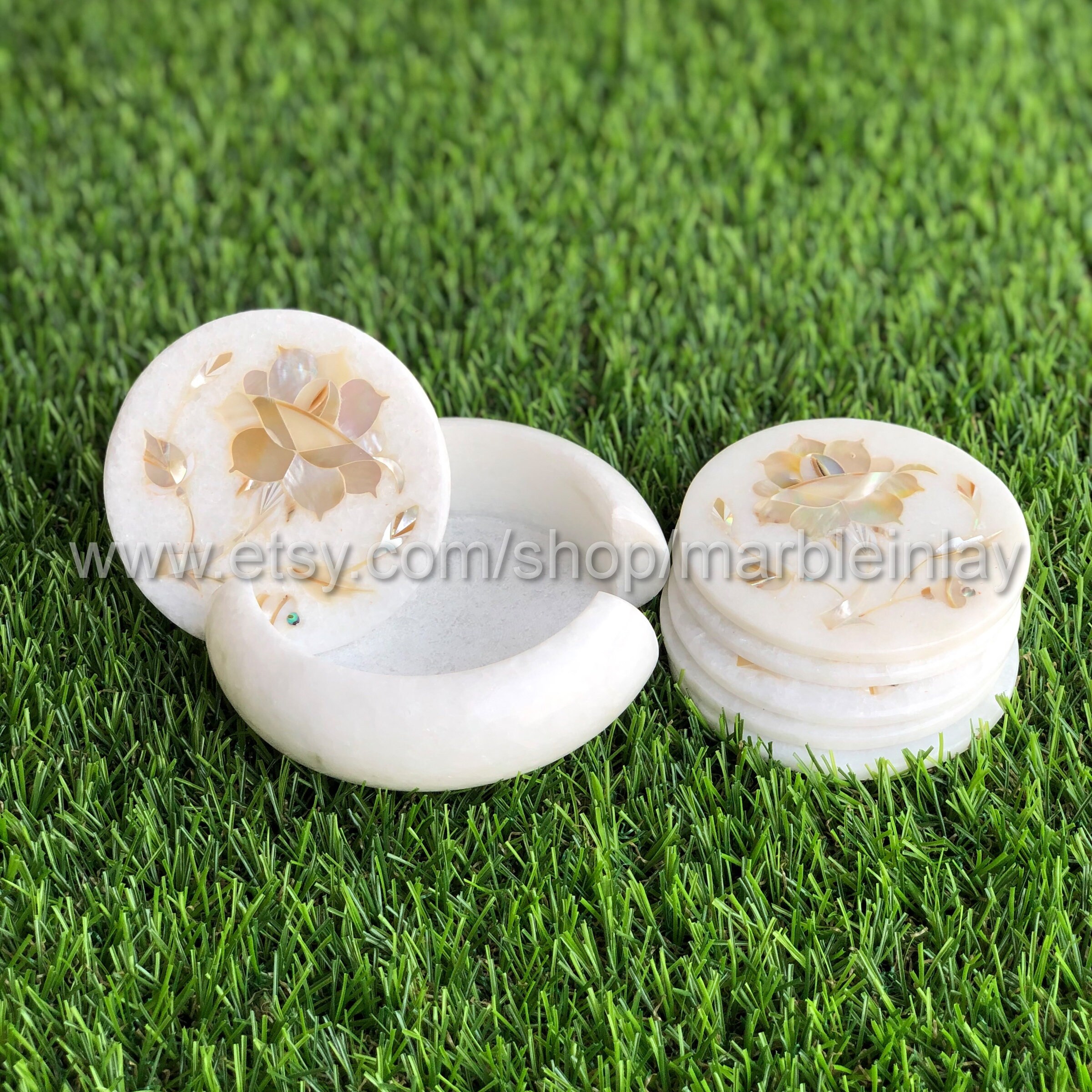 White Coasters with Holder / Marble Inlay Coaster Set / Etsy
