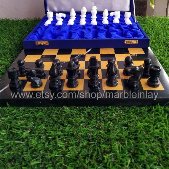 Handmade Classic Onyx Marble Chess Board Game Set - 12 in with Blue Box