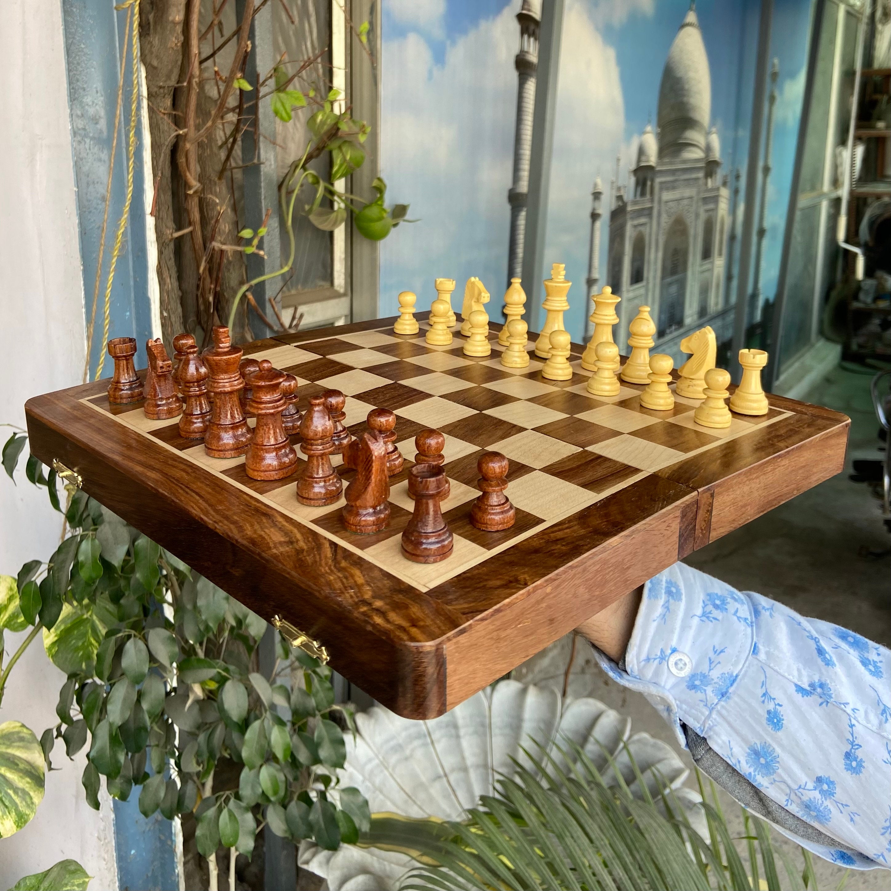 Handmade Wooden Chess Set with Magnetic Board and Hand Carved Staunton  Chess Pieces with Internal Storage, Travel Set | Size 12 X 12 Inches  (Open), 12