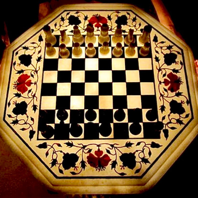Marble Inlay Old Chess Board With Pieces Etsy