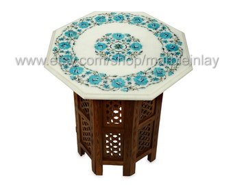 Marble Inlay End Table with Wooden Carving Table Base, Side Table Vintage, Exclusive Luxury Interior, Beautiful Home Decor