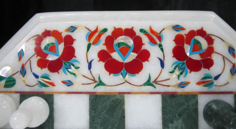Marble inlaid Chess Board Table Vintage Rare Antique chess pieces Collectible