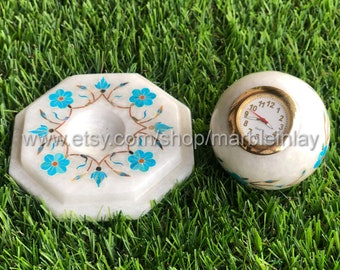 Small Table Clock Marble Inlay Clock for Office Stone Ball Clock Handmade Clock Gift Turquoise Clock Home Decor Gift