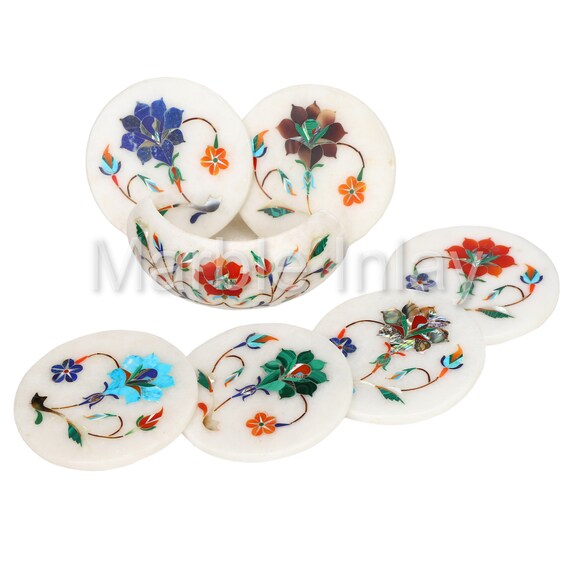 Marble Coasters Set of 6 With Holder Handmade Pietra Dura Etsy
