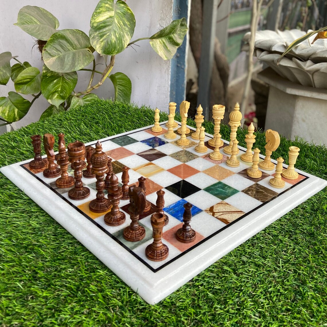 Marble Chess Board With Wooden Chess Pieces Set Handmade Inlay Etsy