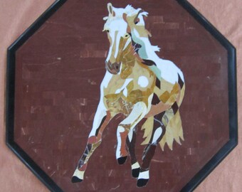 Horse design wall decorative marble inlay panel hand made inlaid with different natural stones beuatiful pietradura art