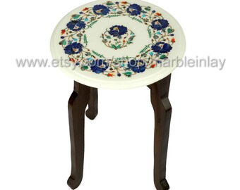Arts and Crafts Vintage Style Round Side Table Marble Inlay End Table for Sofa Living Room Furniture